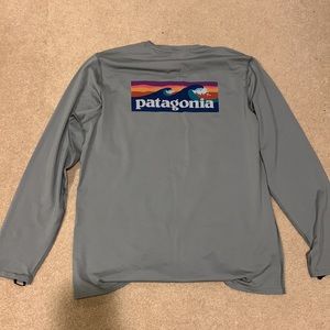 Patagonia R0 Men’s long sleeve sun shirt - medium, boardshort logo, feather grey